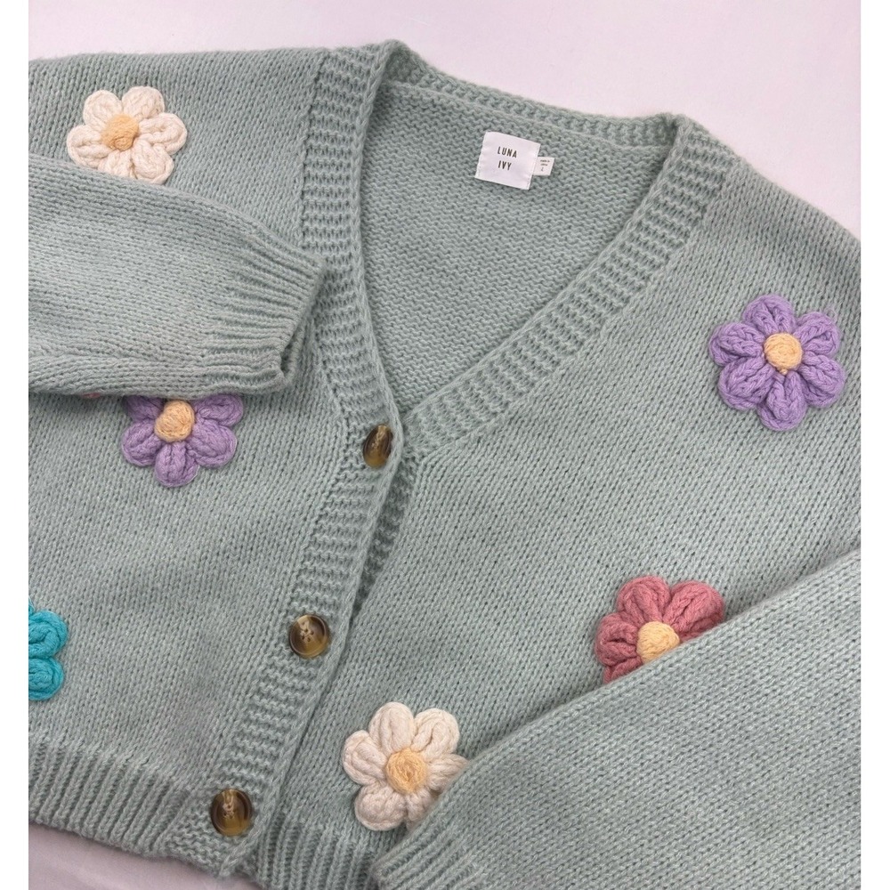 Anthropologie Luna Ivy Chunky Crocheted 3D Knit Floral Cardigan Cropped Large